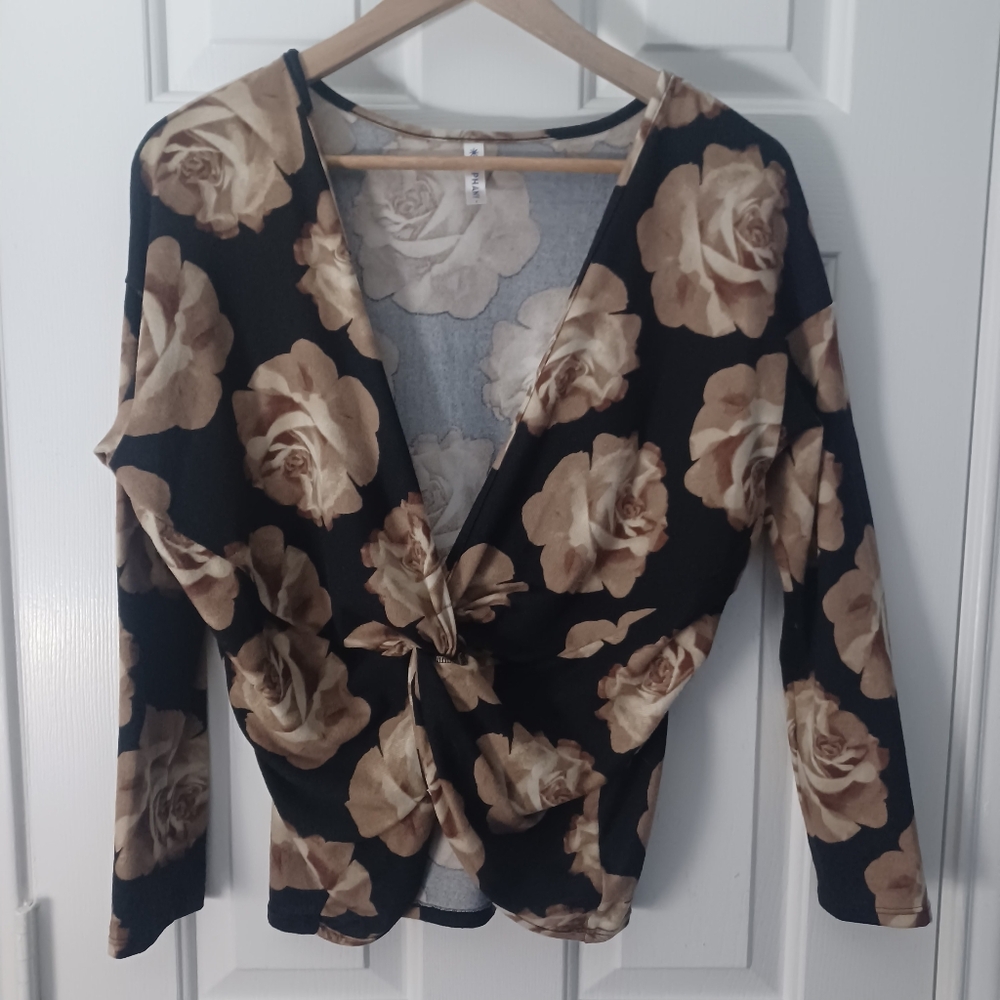 Piphany Blk/tan Floral Wrap Shirt Sz XL /